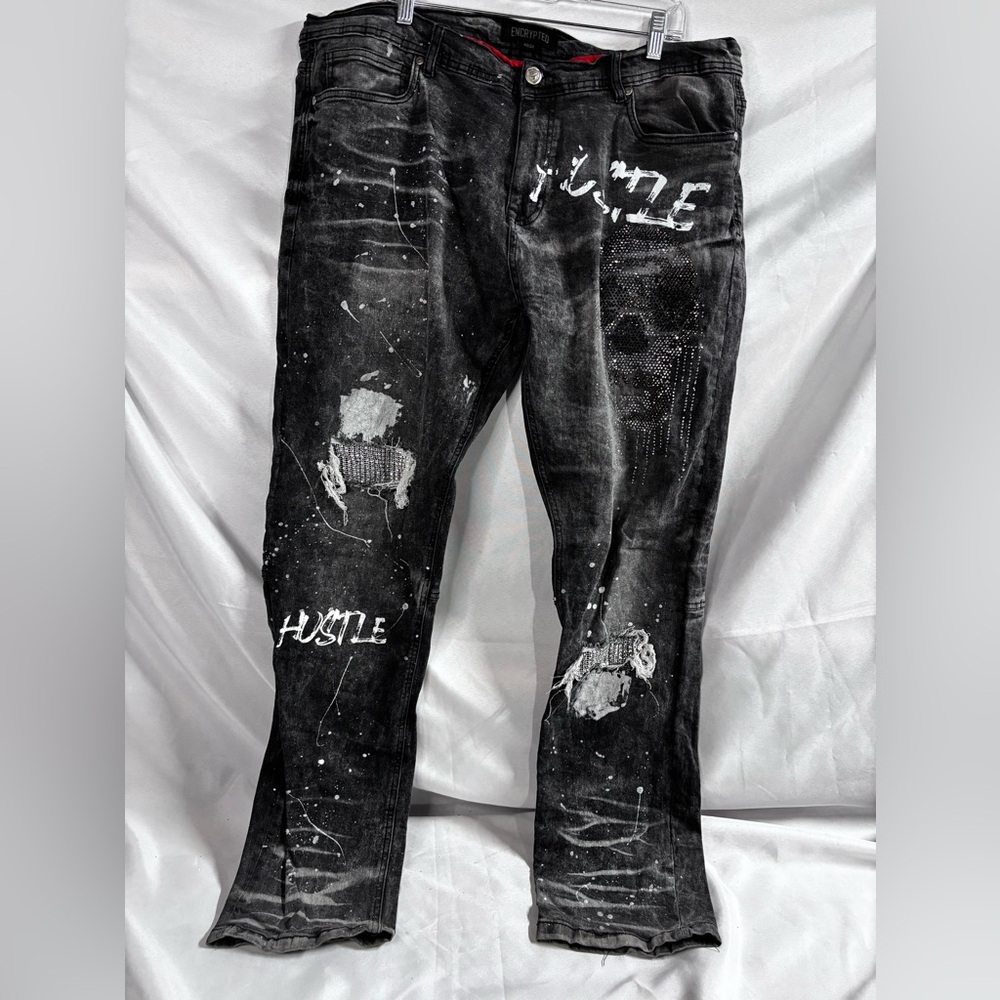 Encrypted Men's Black Distressed Jeans with design and graphics